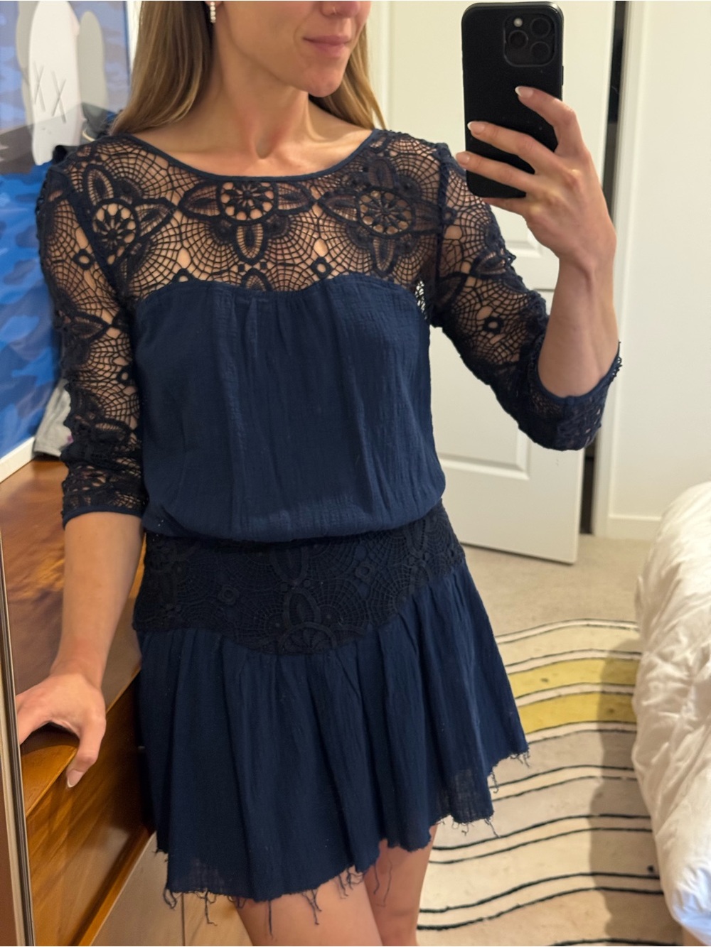 Free People Navy Crochet Yoke Mini Dress